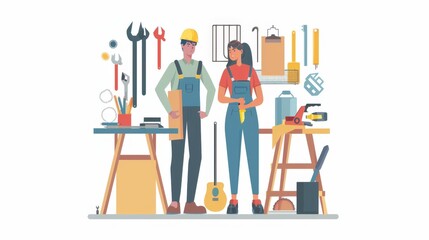 Man and Woman Standing in Workshop.
