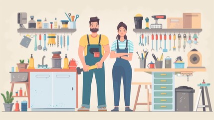 Handyman Couple In Workshop.