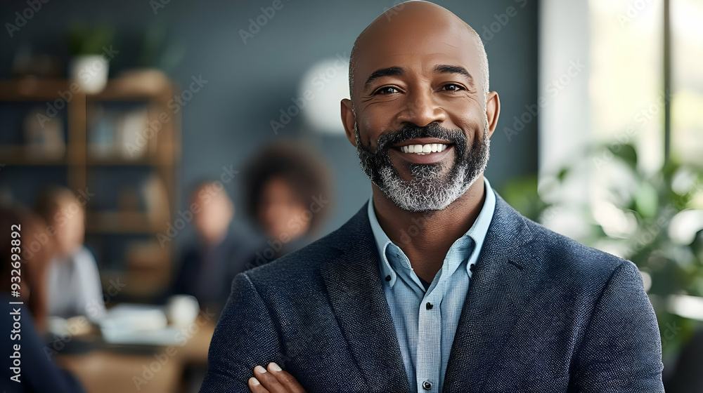 Poster professional man smiling in a business setting with colleagues.