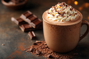Hot Chocolate with Whipped Cream and Chocolate Shavings.