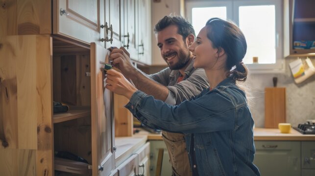 Young Couple Assembling Kitchen Cabinets. - Powered by Adobe