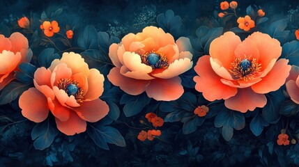 Fototapeta premium Floral Pattern with Peach Flowers on Dark Blue Background