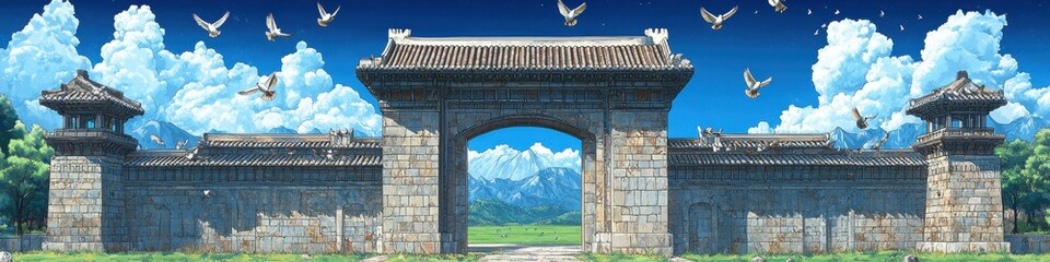 Obraz premium Majestic traditional Korean courtyard gate under a bright blue sky with fluffy clouds and birds flying peacefully