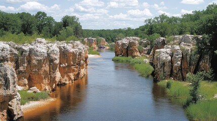 Scenic River Flowing Through Rugged Cliffs and Lush Forest Under a Clear Blue Sky - Nature Landscape Photography for Adventure Travel
