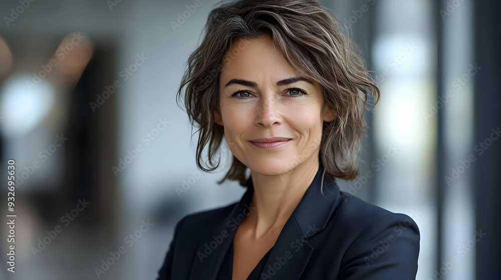 Wall mural Professional woman smiling confidently in modern office setting.