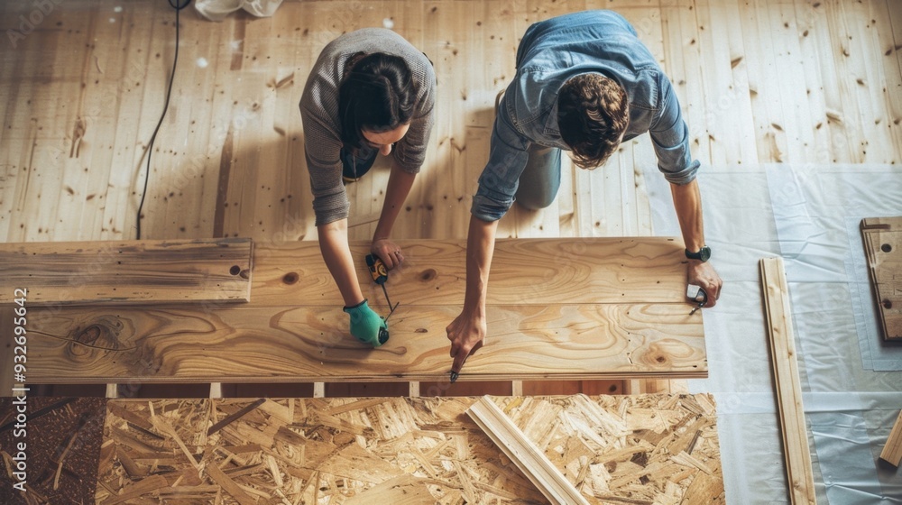 Wall mural couple installing new wooden floor.