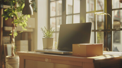 Fototapeta premium Online Shopping and Package Delivery Concept with Laptop and Parcels - E-commerce and Logistics