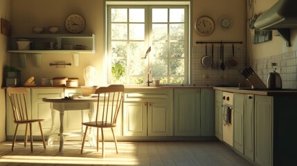 Fototapeta premium An empty kitchen with a single, untouched chair at the breakfast table, symbolizing someone's absence.