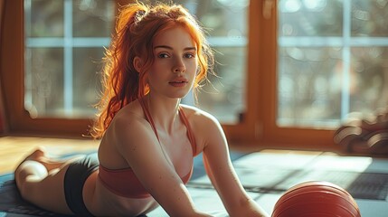beautiful redhead woman home workout routine,medicine ball home fitness workout in living room sporty woman wearing sportswear