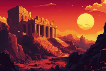 Ancient Temple Ruins at Sunset with Large Yellow Moon