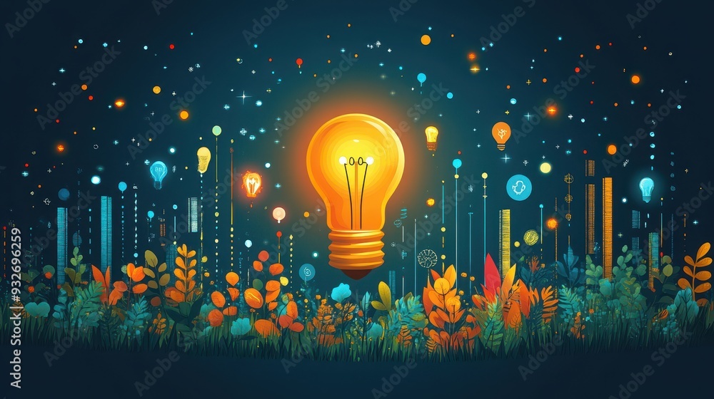 Aufkleber illuminated lightbulb idea concept with abstract shapes and grass