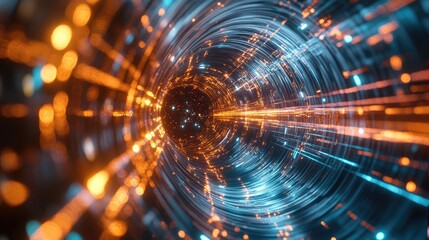Obraz premium Close-up of a high-tech particle collider with quantum shadows and glowing trails, depicting the complexity of quantum interactions.