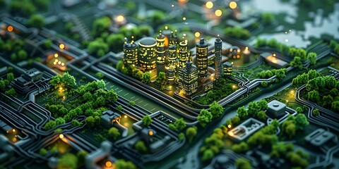 A Eco city model is shown in a green landscape with a microcircuit network. The city is surrounded by trees, giving it a futuristic ecology peaceful atmosphere.