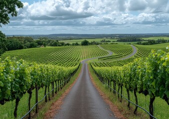 Naklejka premium Picturesque vineyard landscape with winding road and vibrant green vines under a cloudy sky, ideal for wine enthusiasts and nature lovers
