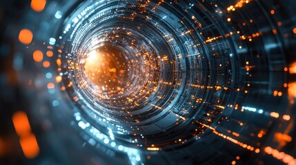 Close-up of a high-tech particle collider with quantum shadows and glowing trails, depicting the complexity of quantum interactions.