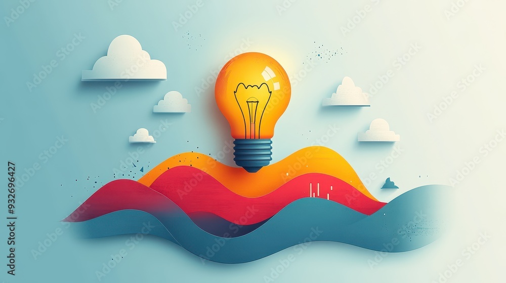 Poster lightbulb idea over abstract landscape with clouds