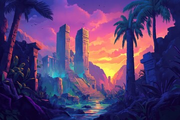 Ancient Ruins at Sunset with Palm Trees and a Stream