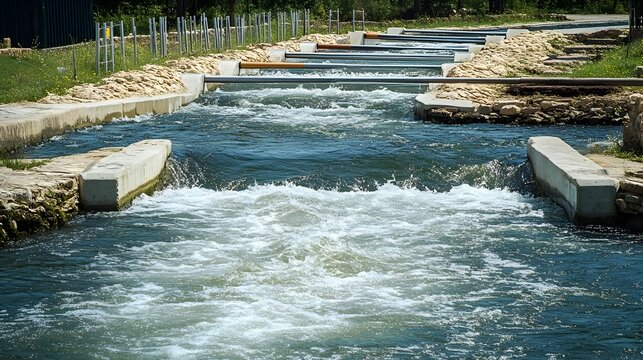 Whitewater CanoeKayak Slalom Course Set on a Flowing River with Strategically Placed Gates Challenging Competitors to Demonstrate Their Skill and Agility