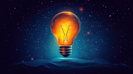 Glowing Light Bulb with Abstract Starry Night Background
