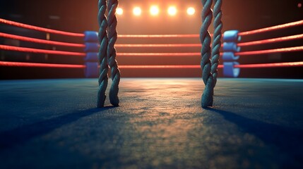 Boxing ring with ropes and corner pads ready for a competitive match in a brightly lit venue  The canvas floor and equipment are prepared for an intense athletic event