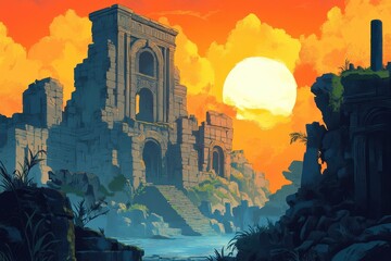 Ancient Ruins at Sunset with a Large, Bright Sun in the Sky