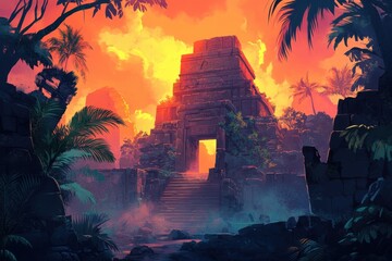 Ancient Stone Temple Entrance in a Tropical Jungle at Sunset