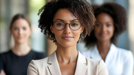 Fototapeta premium Professional women posing confidently in a modern office setting.