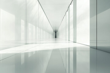 Obraz premium A long, empty hallway with white walls and floors