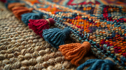 Colorful Woven Rug Texture with Tassels - Close Up Photo