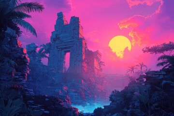 Ruins of an Ancient Temple at Sunset with Tropical Plants