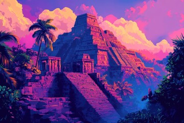Ancient Stone Pyramid in a Tropical Jungle at Sunset