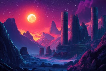 Ruins of a Forgotten City Under a Full Moon