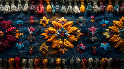 Fototapeta premium Colorful Embroidered Floral Pattern on Blue Fabric - Illustration