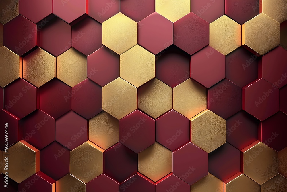 Poster 3d maroon and gold geometric background with hexagon shapes presentation design