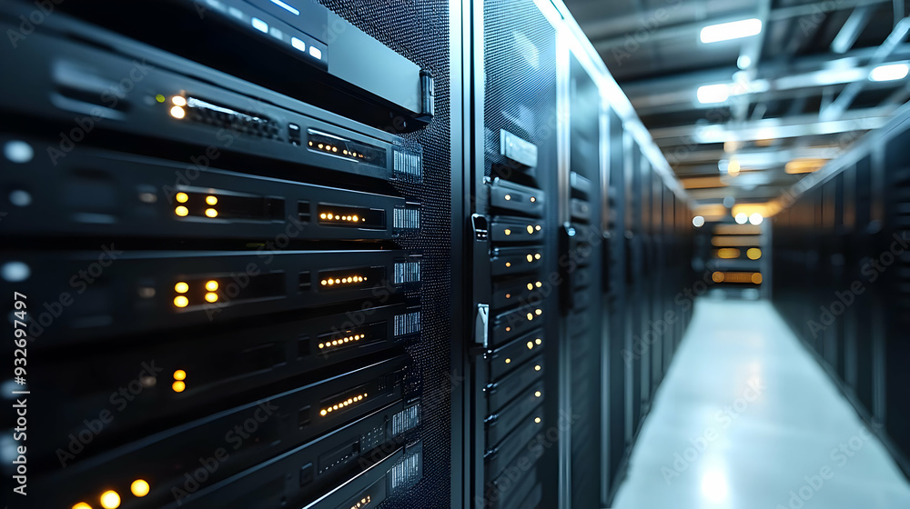 Poster server room with multiple racks and illuminated indicators.