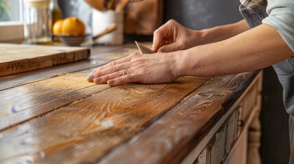 Woman sanding a wooden table.