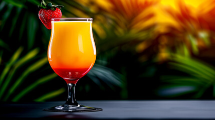 A glass of orange and red drink with a strawberry on top. The drink is a tropical cocktail