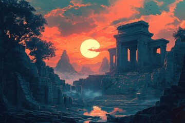 Ancient Ruins at Sunset with a Bright Sun and Distant Mountain Peaks