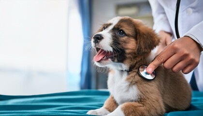 動物病院で聴診器を当てられている笑顔の子犬（Smiling puppy being given a stethoscope at the veterinary hospital）
