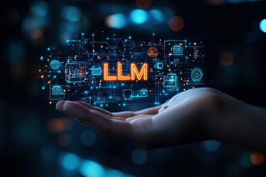 hand hold LLM text icon, AI Large Language Model concept. A language model distinguished by its general-purpose language generation capability. Chat AI.