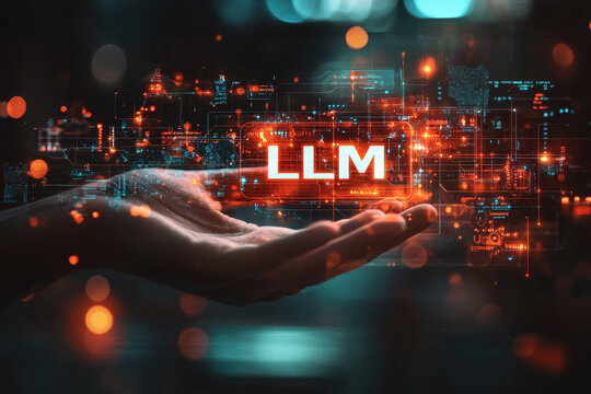 hand hold LLM text icon, AI Large Language Model concept. A language model distinguished by its general-purpose language generation capability. Chat AI.
