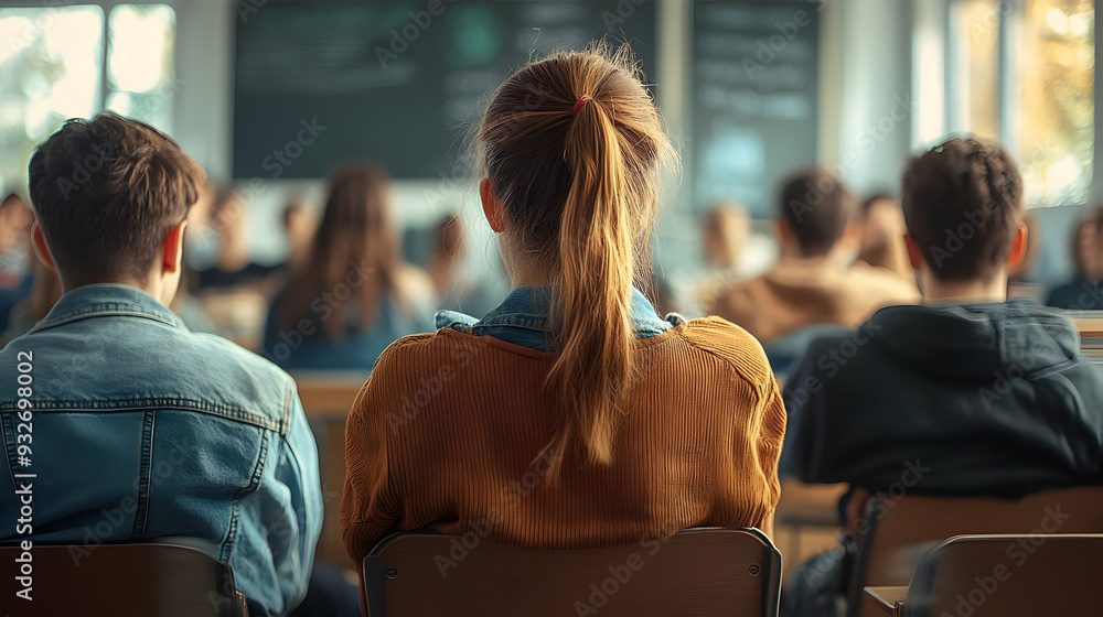 Poster students attending a lecture in a classroom setting.