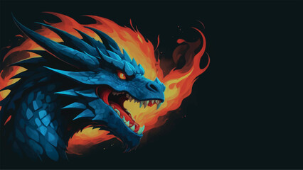 Illustration of a blue fired dragon in black background 