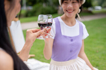 Two happy female friends clinking glasses of wine while enjoying a picnic together in a green park.