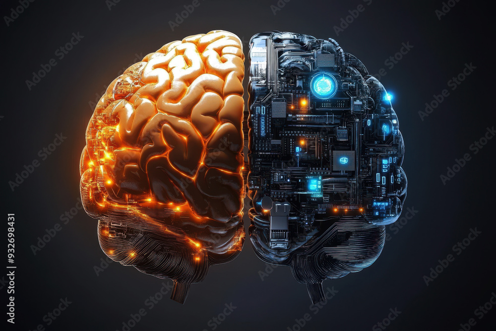 Poster abstract brain with human brain and ai brain digital elements, symbolizing intelligence or creativit