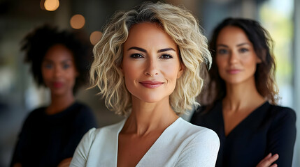 Obraz premium Three confident women posing together in a professional setting.