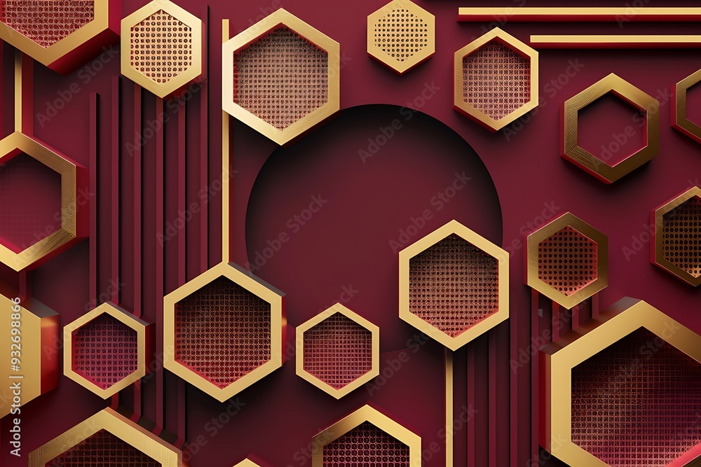 Poster 3d maroon and gold geometric background with hexagon shapes presentation design