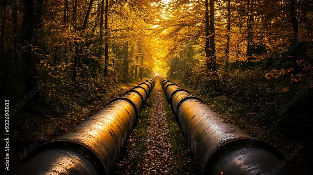 Poster two large pipes running through a golden forest with the setting sun in the distance.