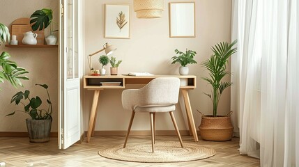 Fototapeta premium Home Office with Minimalist Design: Wooden Desk, Decorative Items, Chair, and Potted Plants. A Doorway Opens to a Cozy Adjacent Room. Home Decor