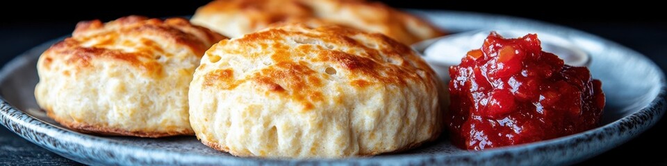 Close-up of golden, freshly baked scones on a plate served with a vibrant red strawberry jam on the side, perfect for breakfast or tea-time